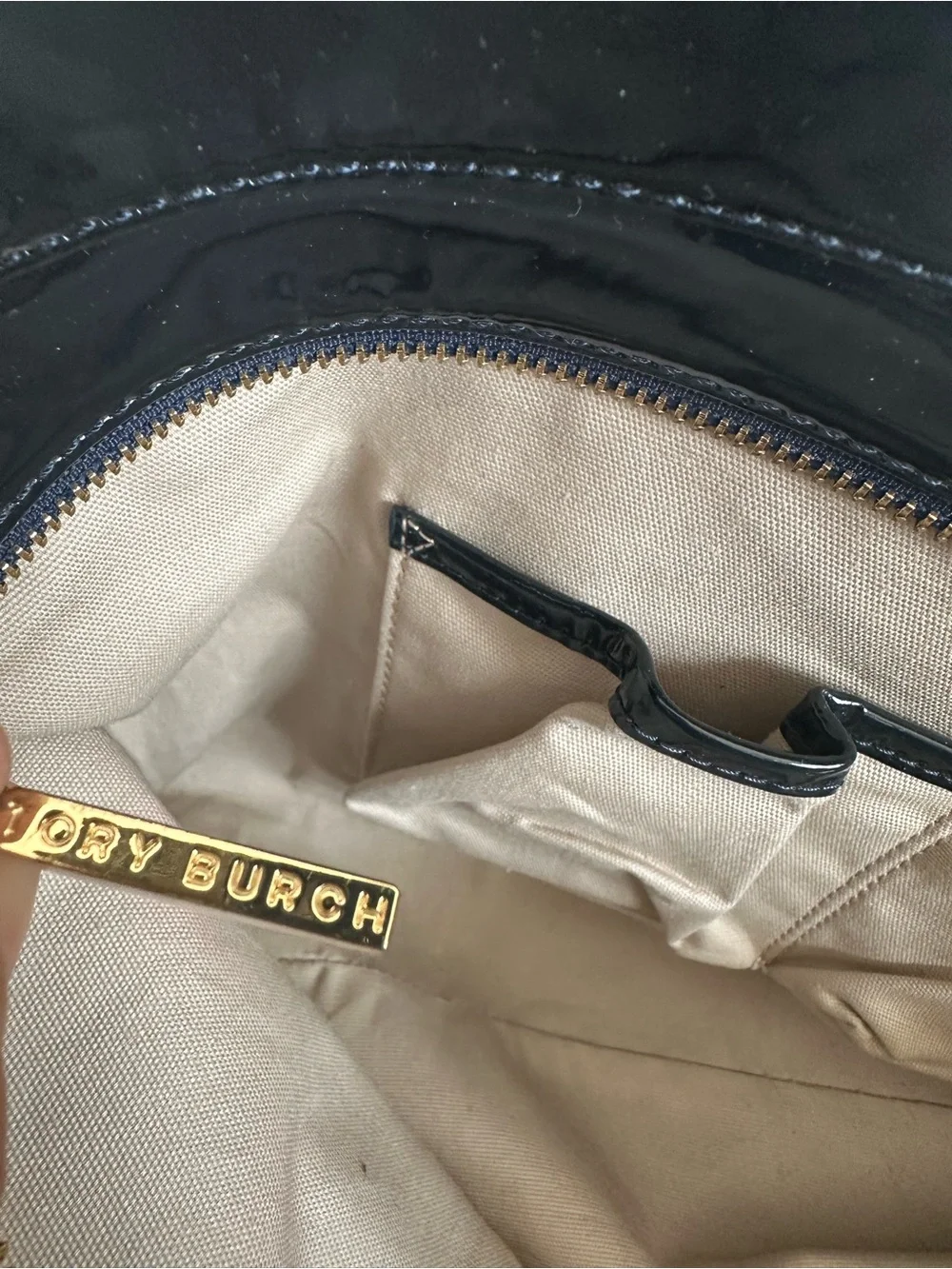 Tory Burch Large Perforated Logo Navy Blue Patent Leather Bombe Tote
